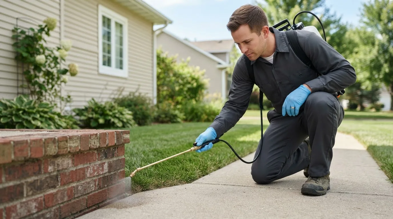 Pest control technician treating a home near La Crosse, WI